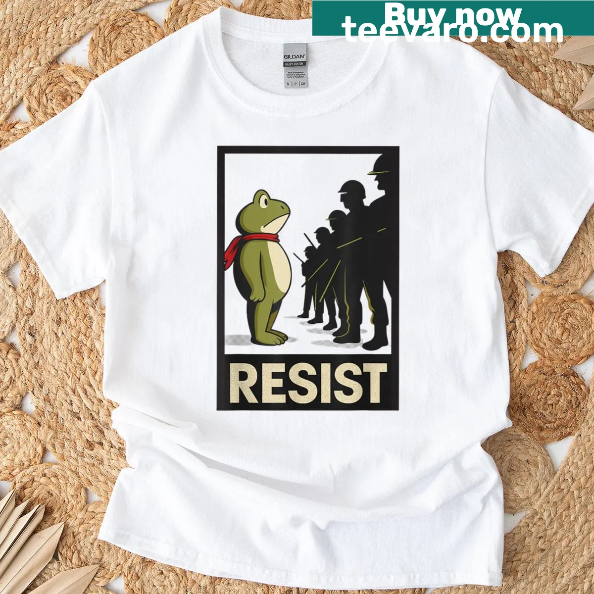Vintage frog graphic with protest theme for fun — on a men's t-shirt