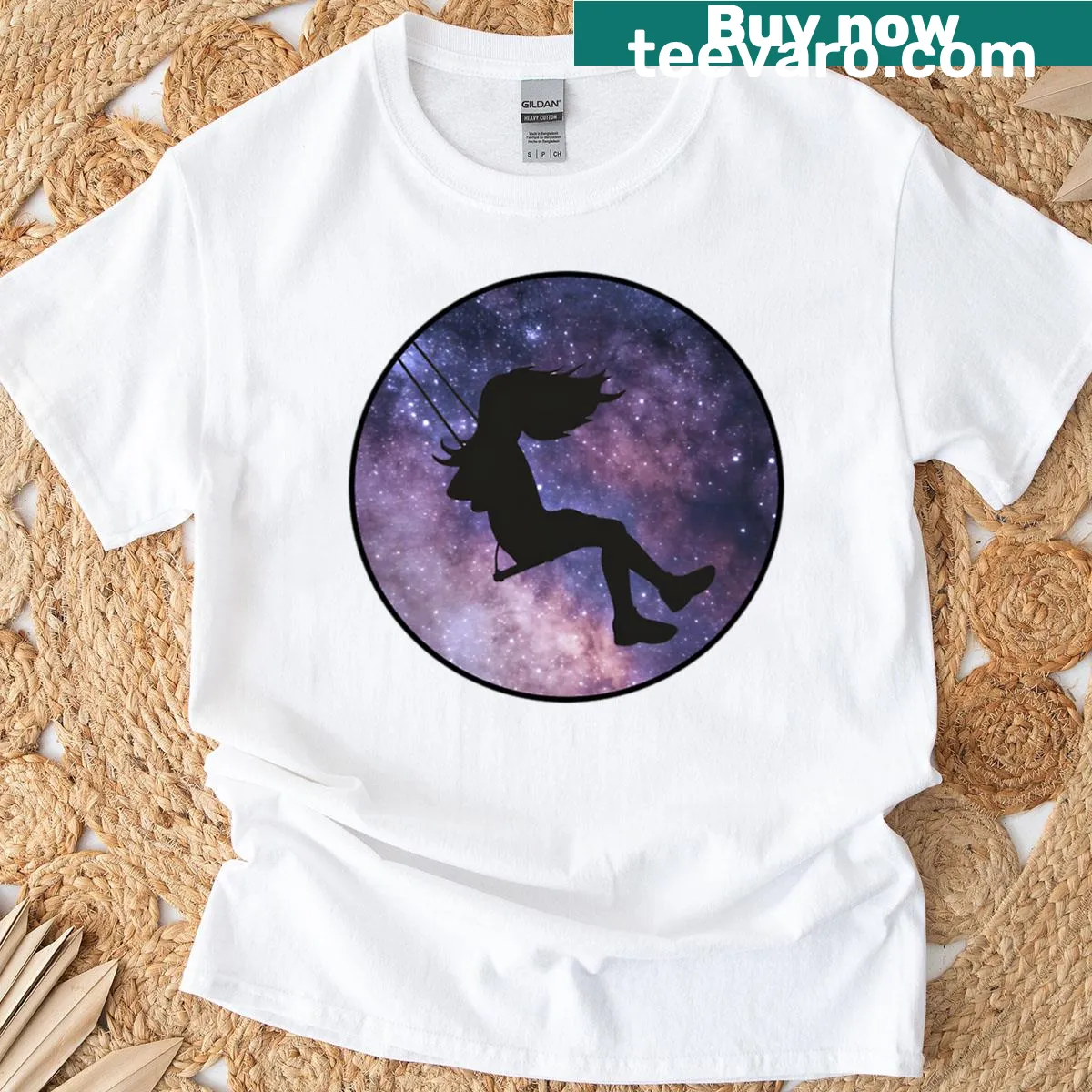 Whimsical galaxy girl silhouette graphic on a T-shirt — on a men's t-shirt