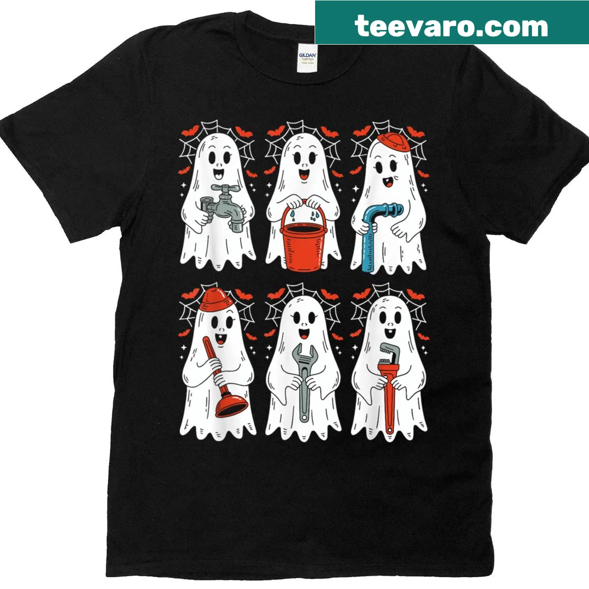 Funny Ghost Plumber Halloween t-shirt for men with playful graphic — on a men's t-shirt