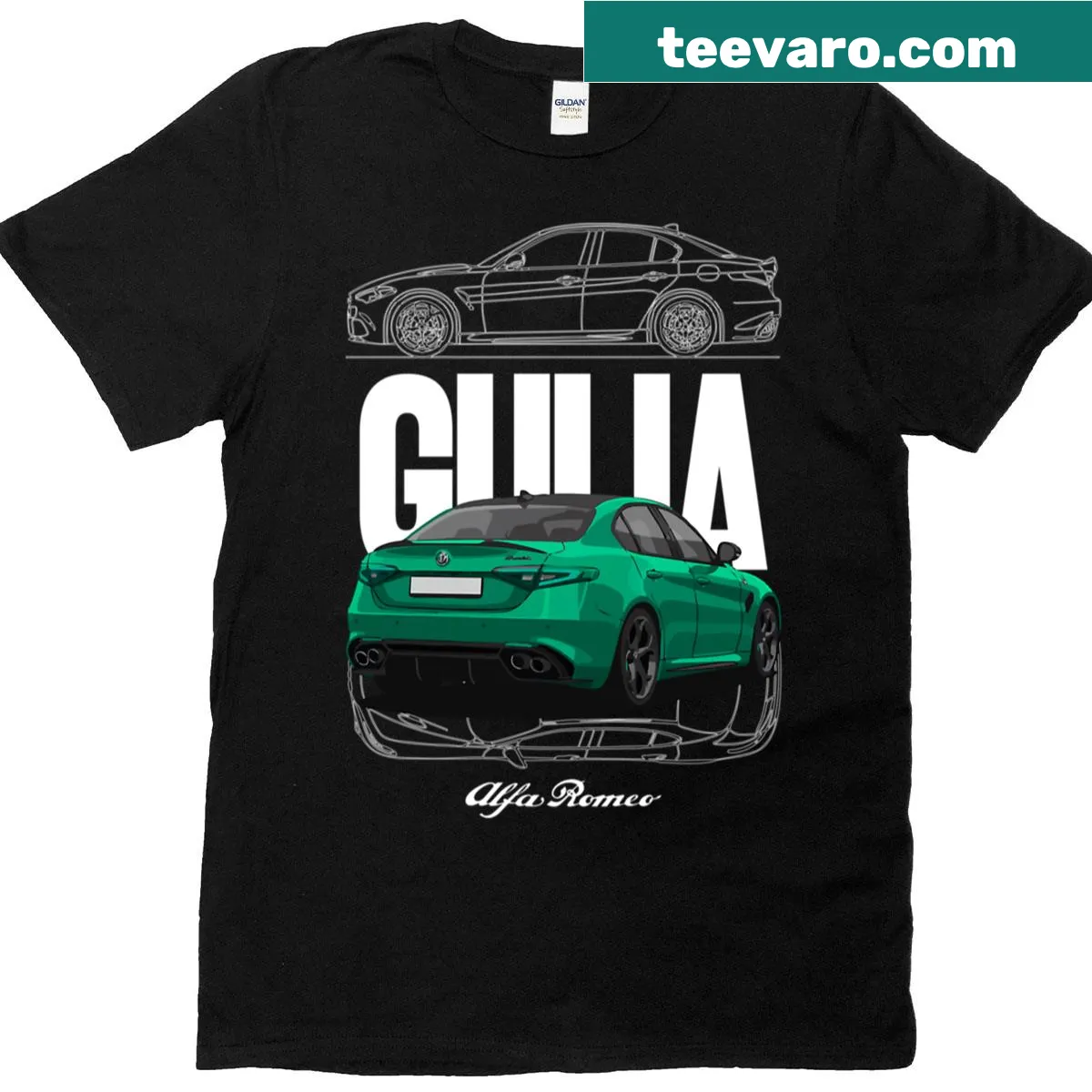 Illustration of a Giulia Quadrifoglio on a t-shirt — on a men's t-shirt