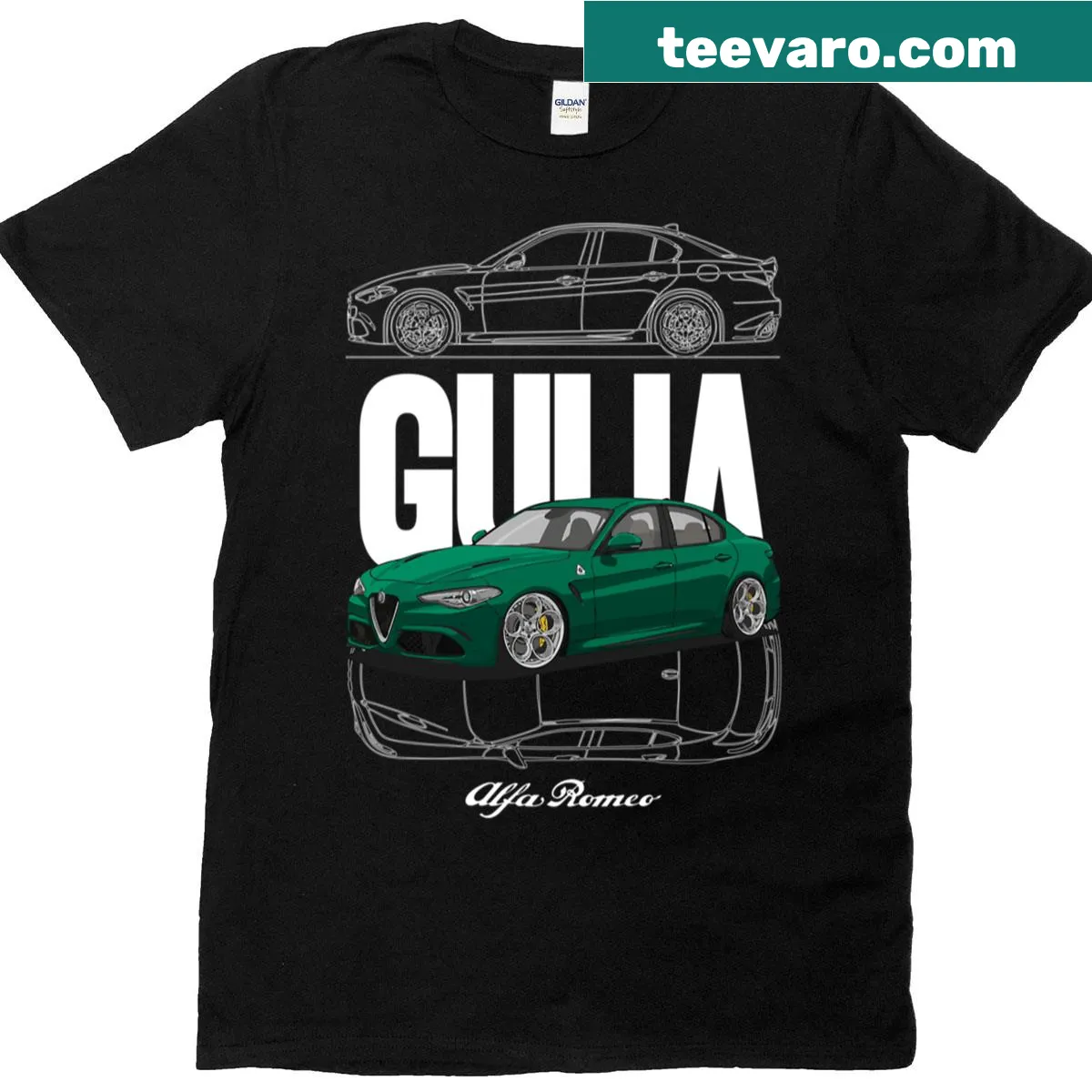 Illustration of a Giulia Quadrifoglio sports car on a T-shirt — on a men's t-shirt