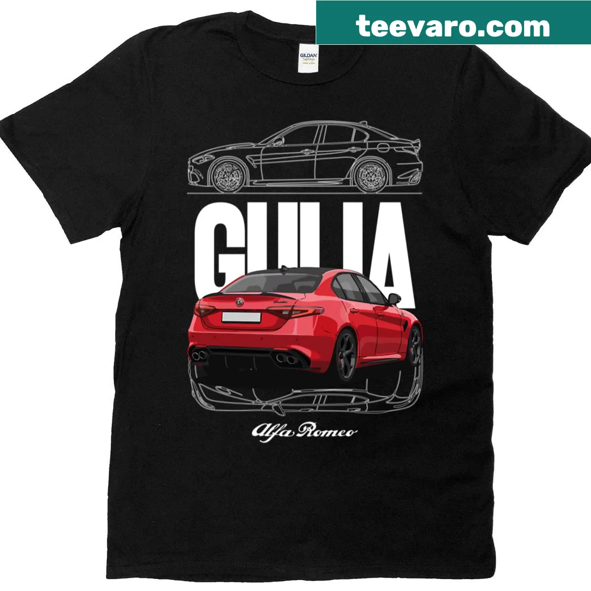 Illustration of the Giulia Quadrifoglio sports car on a T-shirt — on a men's t-shirt