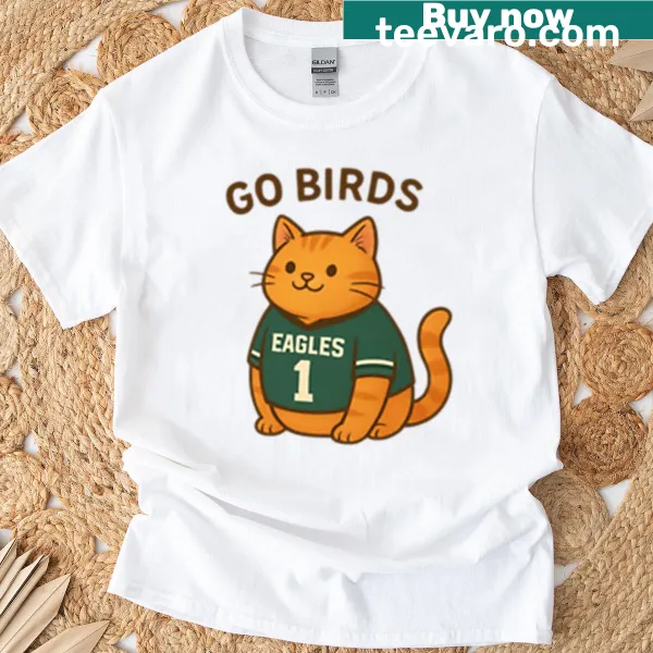 Cute orange cat in Eagles jersey graphic on a T-shirt