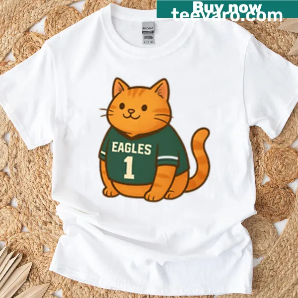 Cute chunky orange cat in Philadelphia Eagles jersey t-shirt