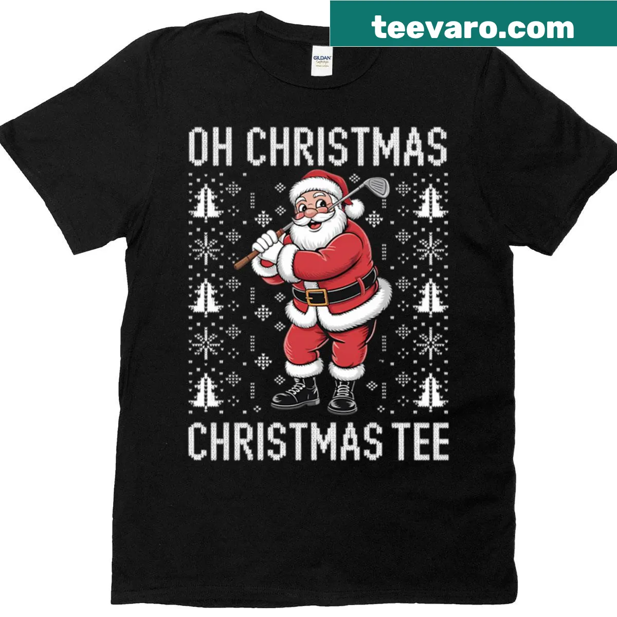 Santa Claus golfing in a festive Christmas design — on a men's t-shirt