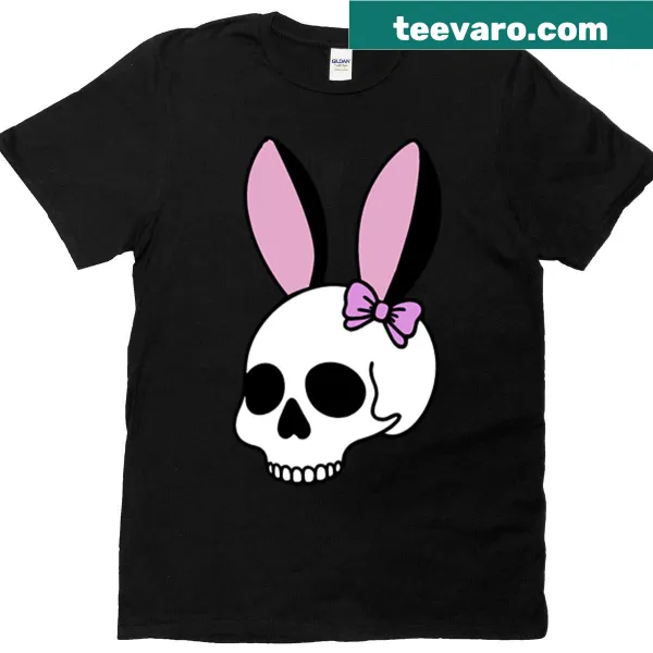 Goth skull with bunny ears illustrated on a T-shirt.