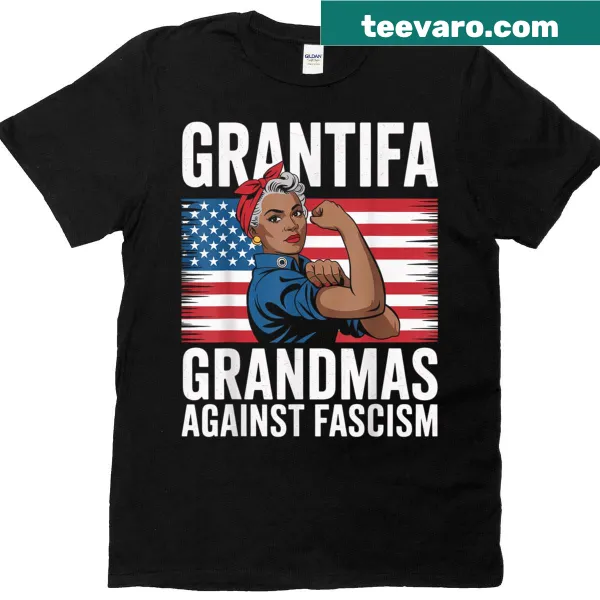 T-shirt featuring a grandmother figure with a flag stating 'Grandmas Against Fascism'