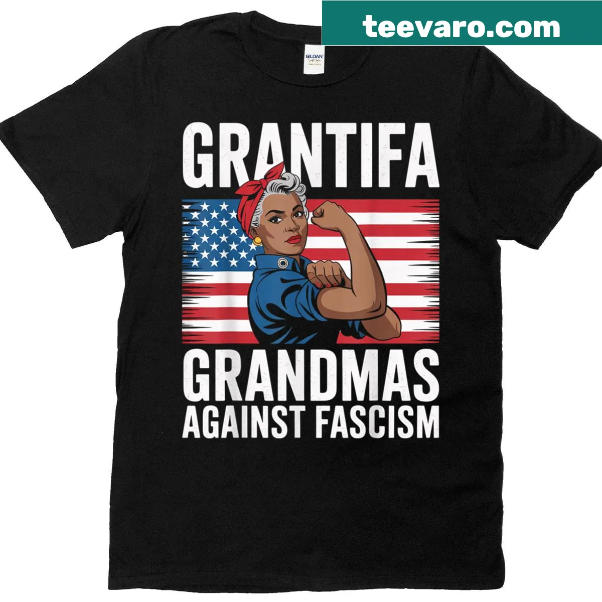 T-shirt featuring a grandmother figure with a flag stating 'Grandmas Against Fascism' — on a men's t-shirt