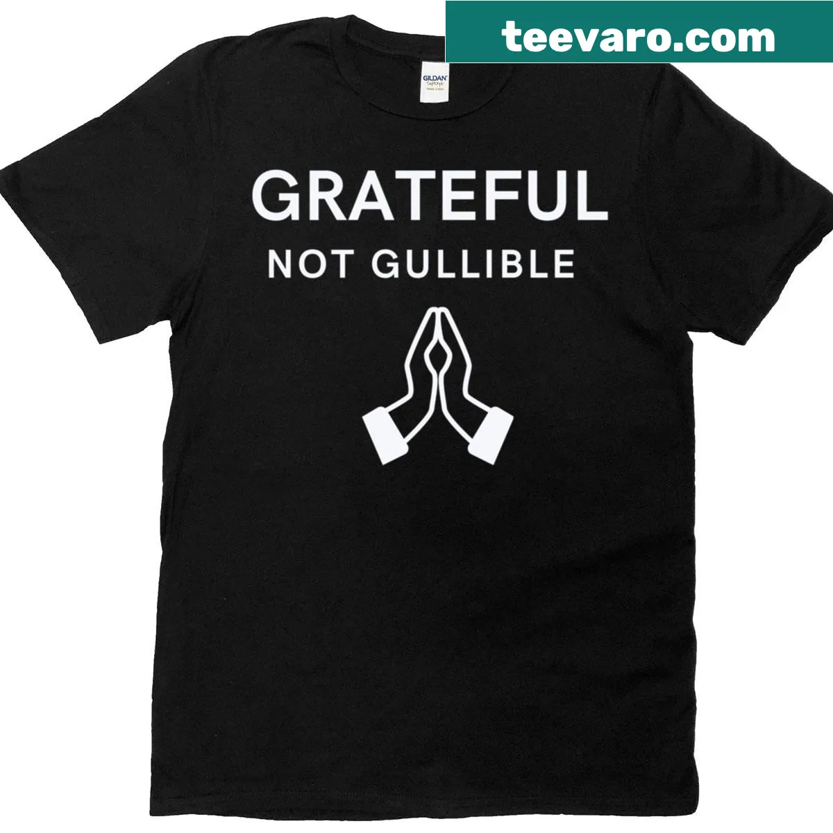 T-shirt with prayer hands and text about gratitude. — on a men's t-shirt