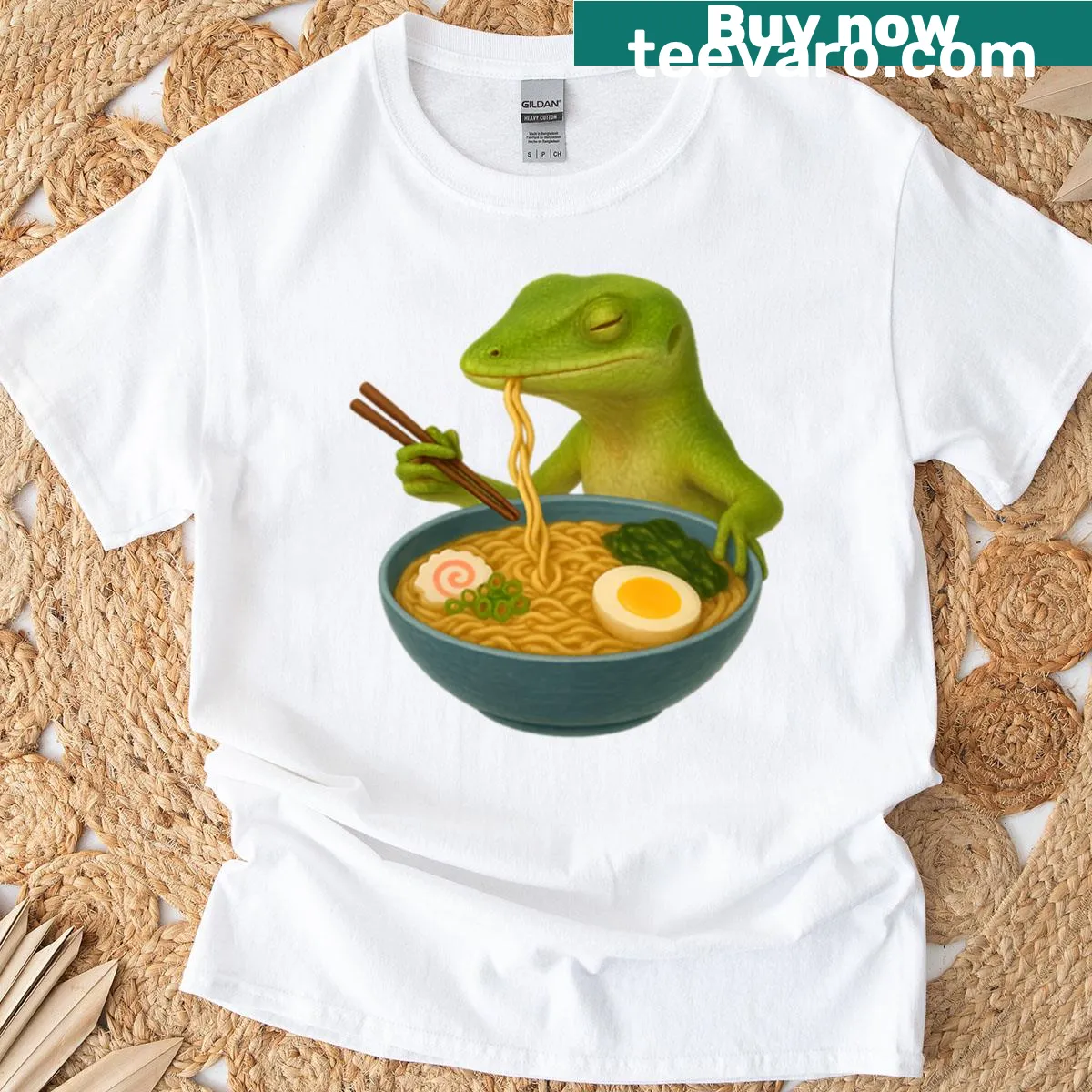Cute T-shirt with illustration of an anole eating ramen — on a men's t-shirt