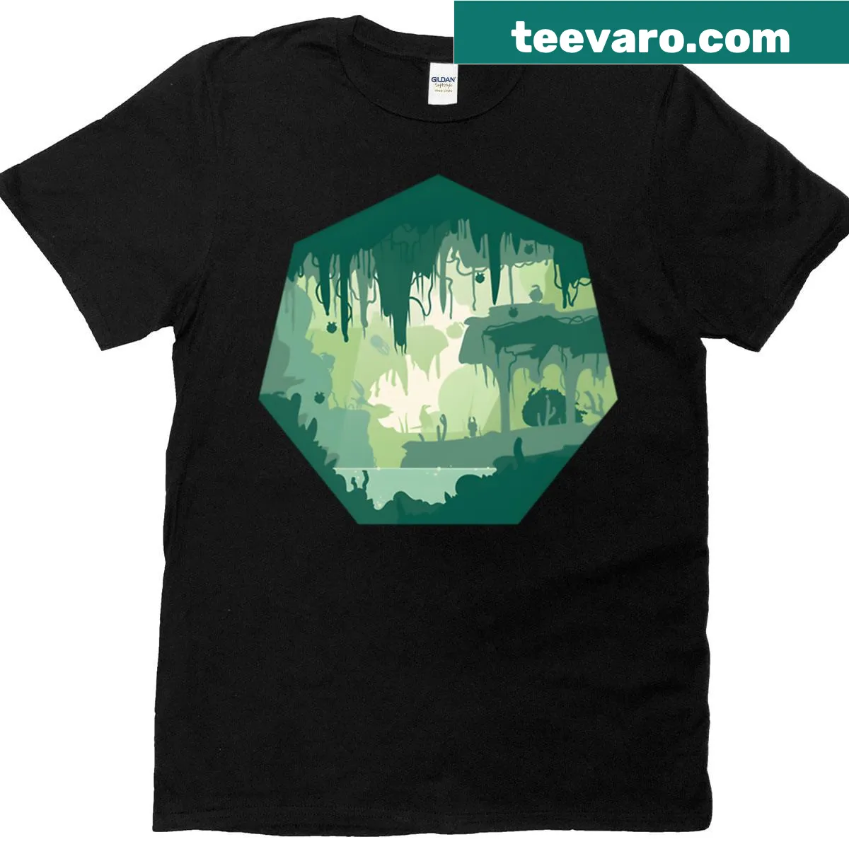 Minimalist silhouette t-shirt with green path design — on a men's t-shirt