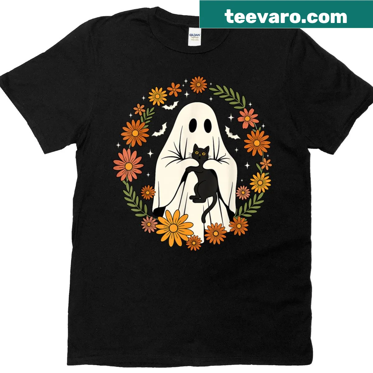 Cute Halloween T-shirt with a ghost and black cat graphic — on a men's t-shirt