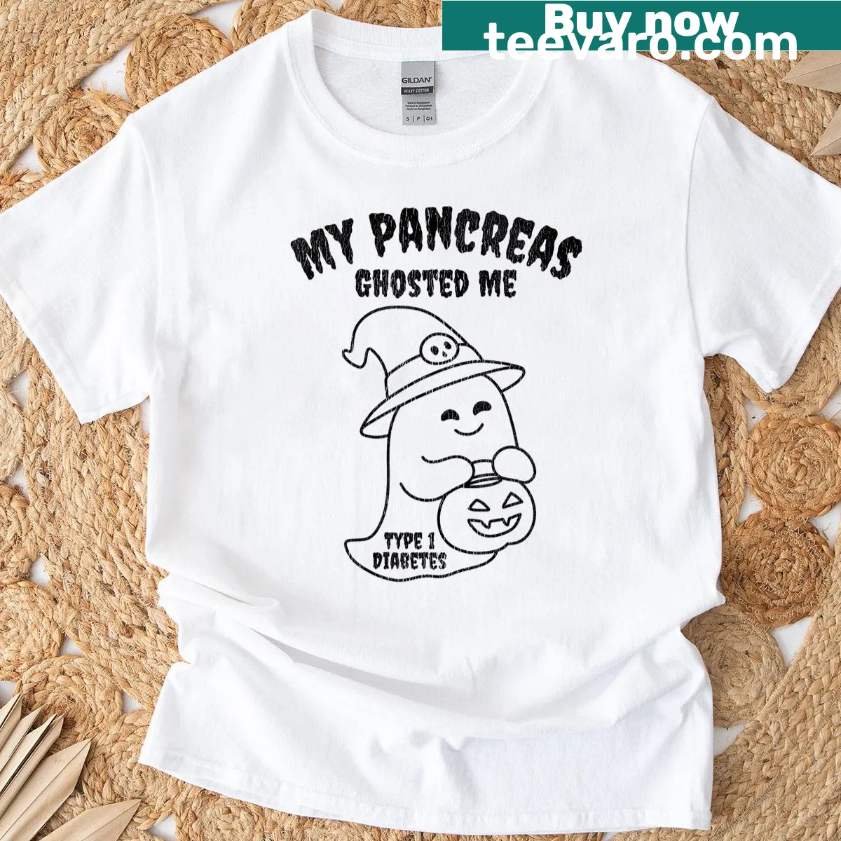 Halloween-themed T-shirt with a ghost graphic and diabetes meme — on a men's t-shirt