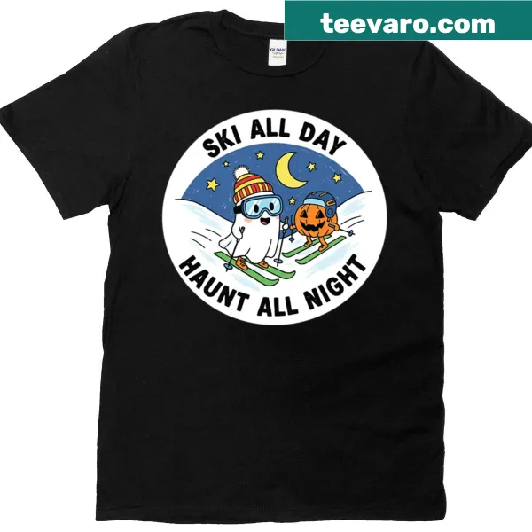 Halloween t-shirt with skiing ghost and pumpkin graphic