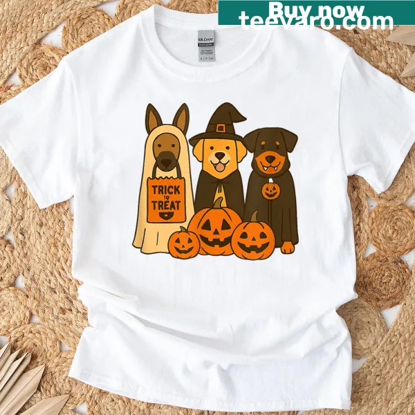 Illustrated Halloween shirt with spooky pups in costumes