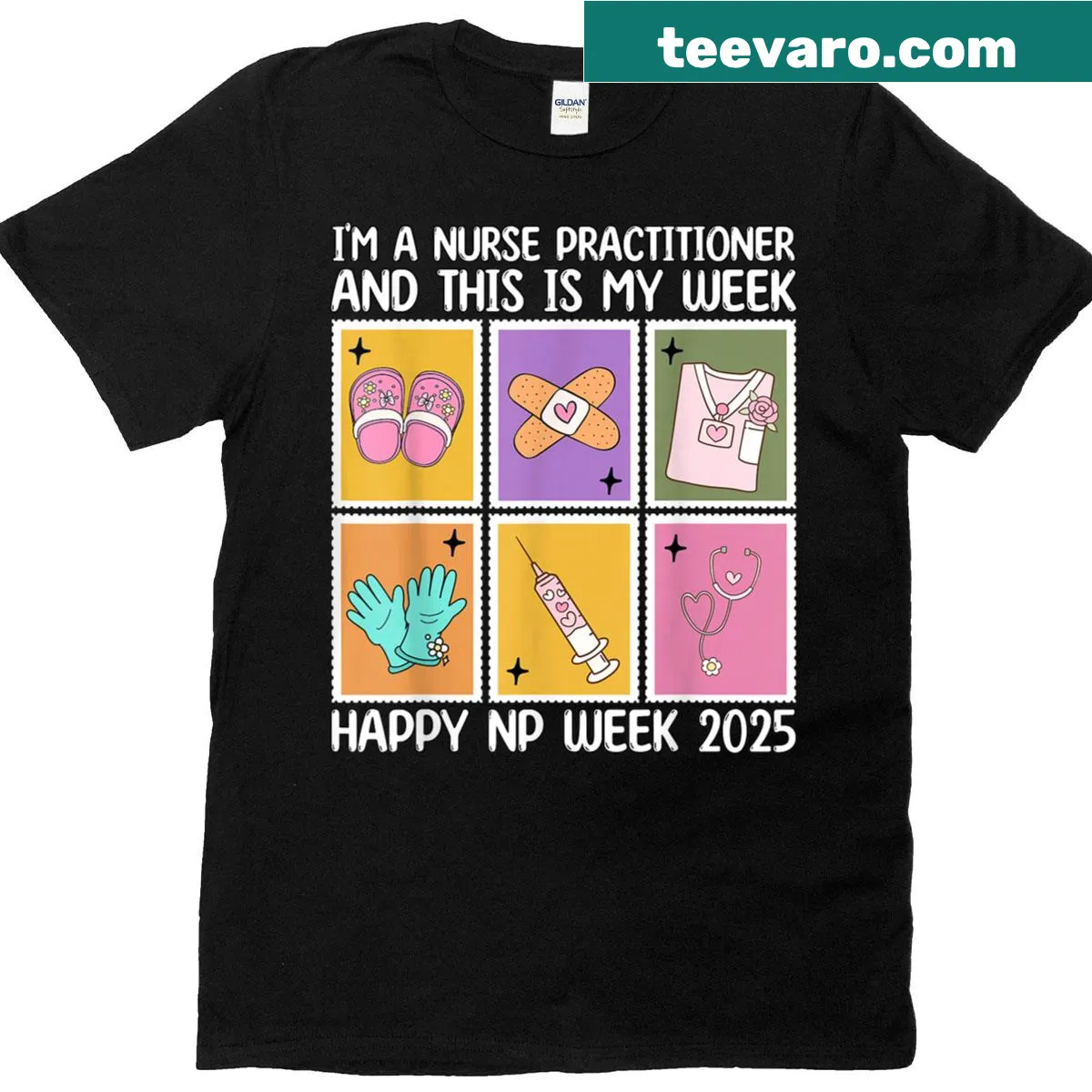 Commemorative T-shirt for Nurse Practitioner Week with a stamps design. — on a men's t-shirt
