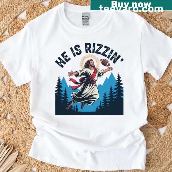 Cartoon T-shirt of Jesus playing football in a humorous design