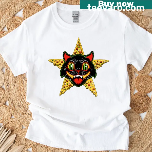 Vintage style Hell Cat Pizza T-shirt with playful cat and pizza graphics