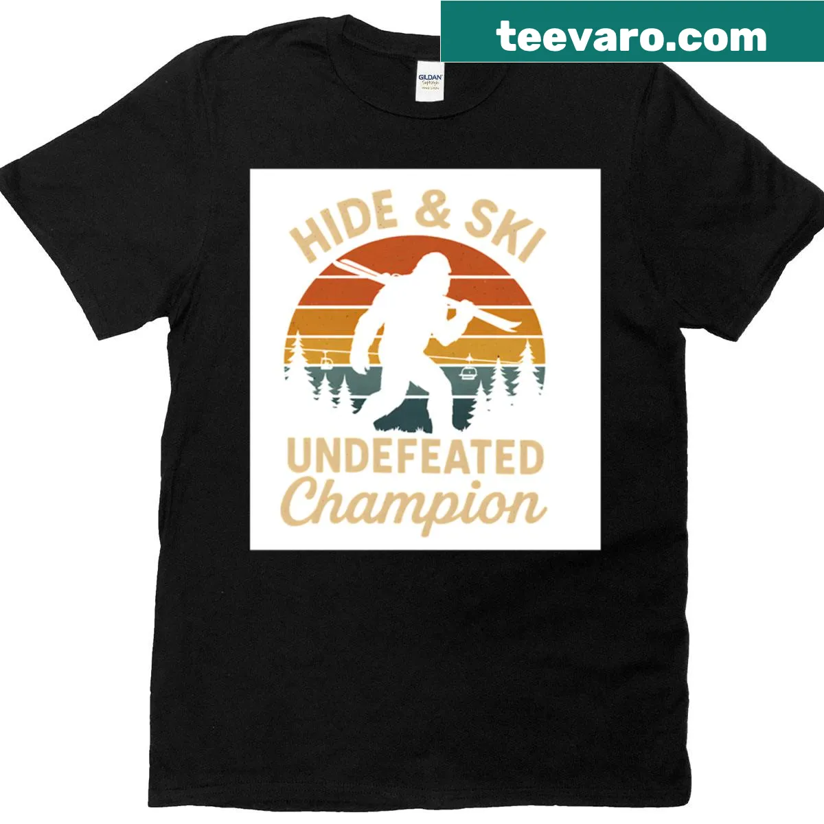 Funny T-shirt with Bigfoot skiing in a retro sunset design — on a men's t-shirt