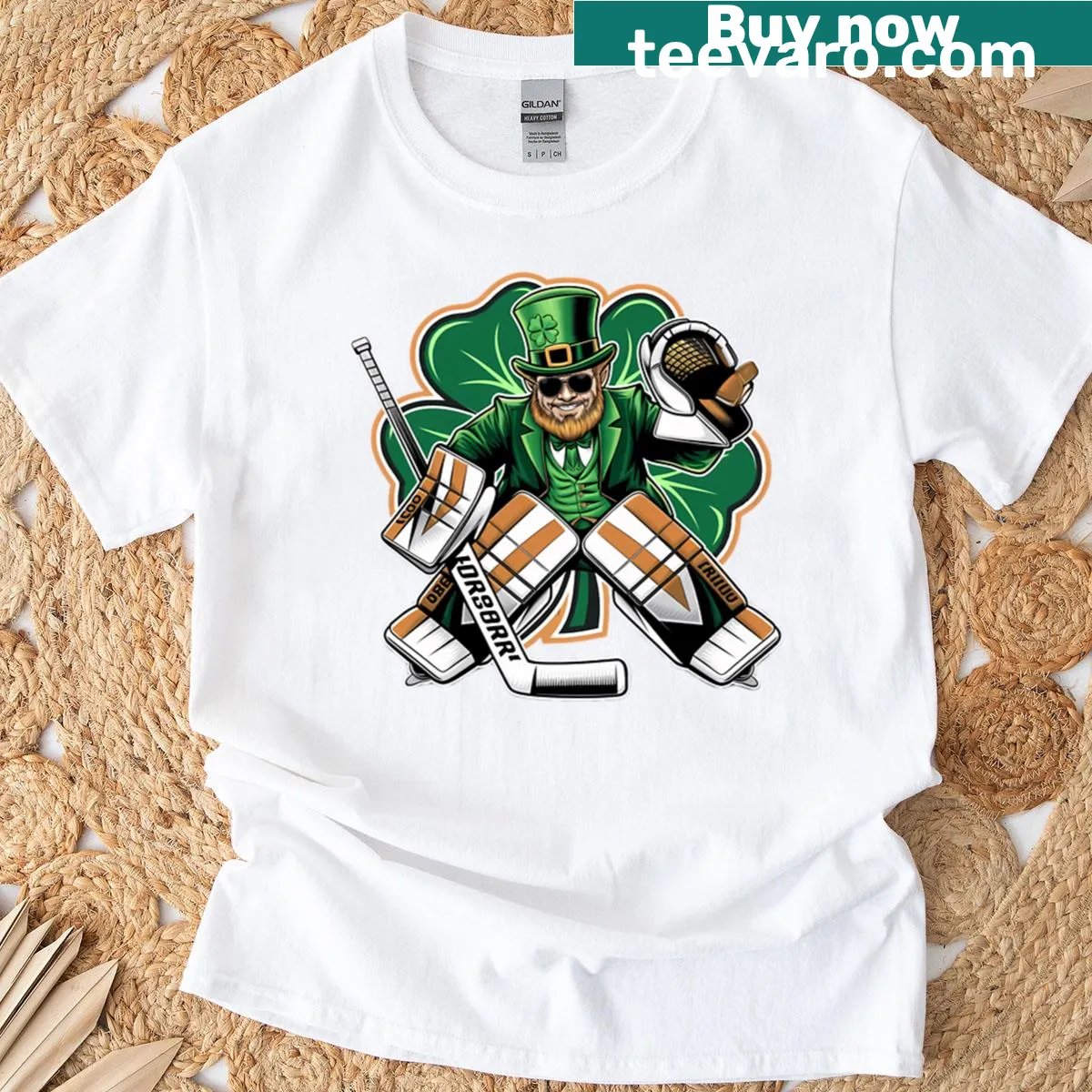 Illustration of a hockey goalie with shamrocks on a T-shirt — on a men's t-shirt