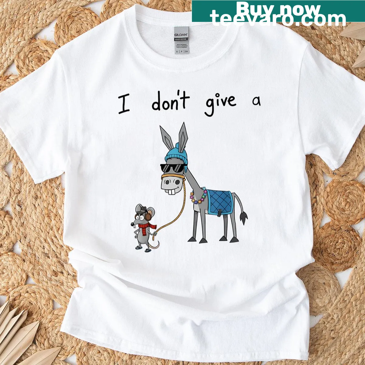 Funny animal t-shirt with donkey and mouse illustration and humorous text — on a men's t-shirt