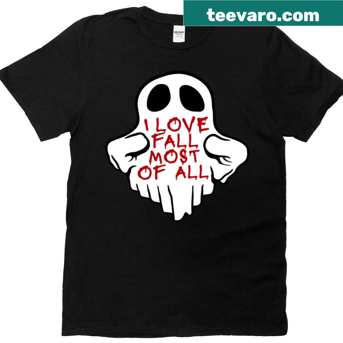 Whimsical ghost and autumn phrase graphic T-shirt — on a men's t-shirt