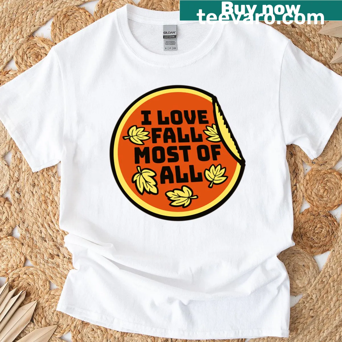 Autumn-themed T-shirt with a sticker-style design expressing love for fall — on a men's t-shirt