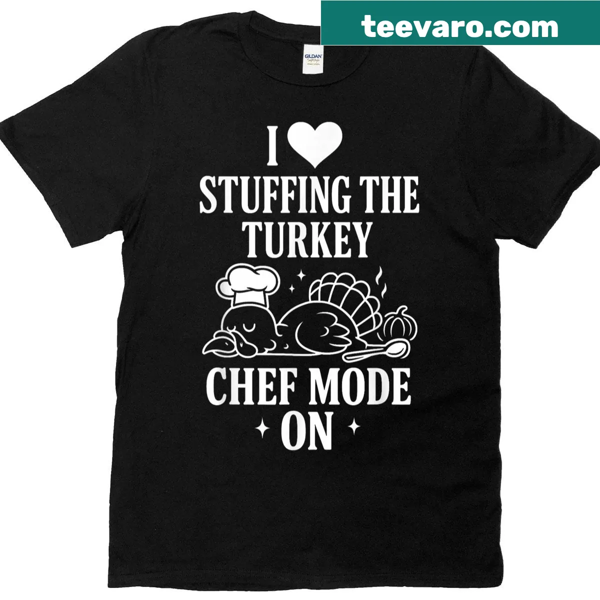 Couple matching Thanksgiving t-shirt with turkey stuffing design — on a men's t-shirt