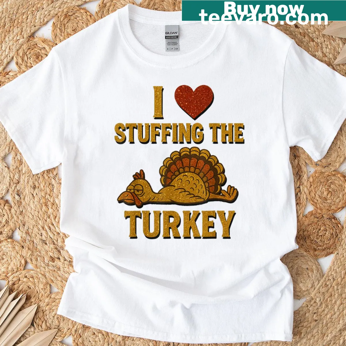 Matching couple T-shirts with turkey-themed humor for Thanksgiving — on a men's t-shirt