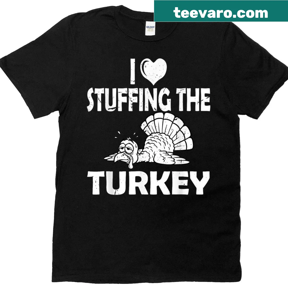 Matching T-shirts for couples with Thanksgiving turkey stuffing theme — on a men's t-shirt