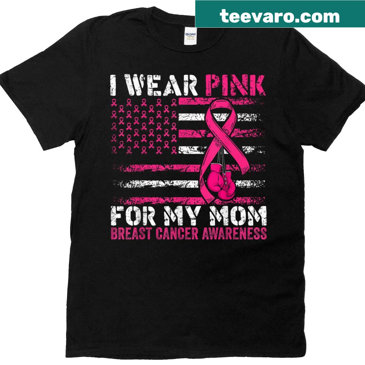 Supportive shirt featuring USA flag and pink breast cancer awareness design — on a men's t-shirt