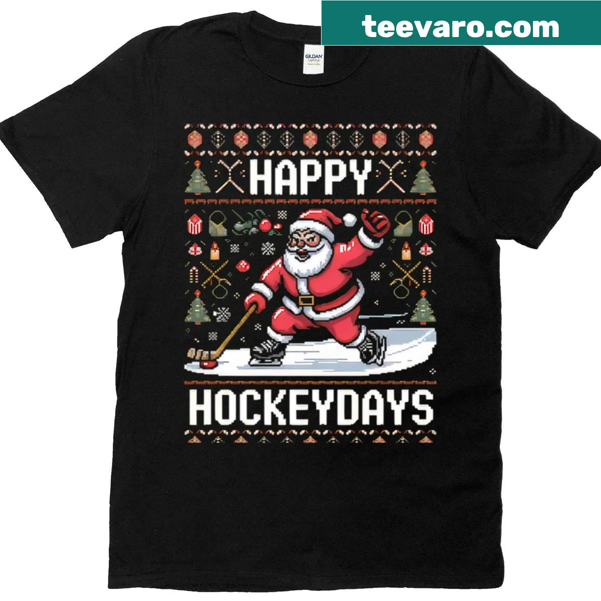 Santa Claus in hockey gear on a Christmas t-shirt — on a men's t-shirt