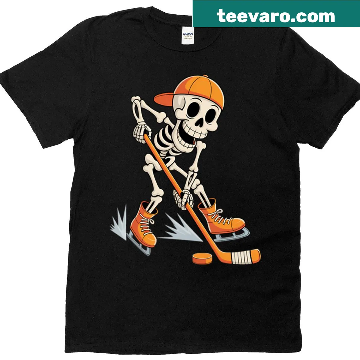 Halloween T-shirt featuring a skeleton playing ice hockey — on a men's t-shirt