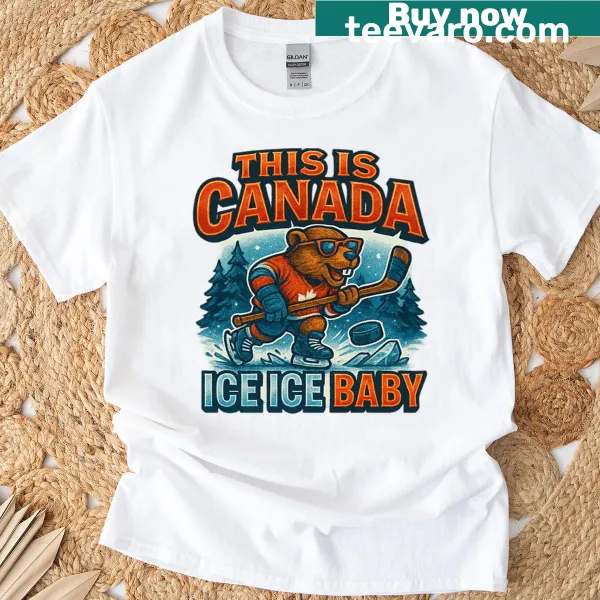 Ice Ice Baby Beaver Hockey T-shirt with a humorous beaver graphic