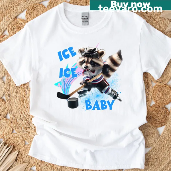 Funny hockey-themed t-shirt featuring a cartoon raccoon with a hockey helmet.