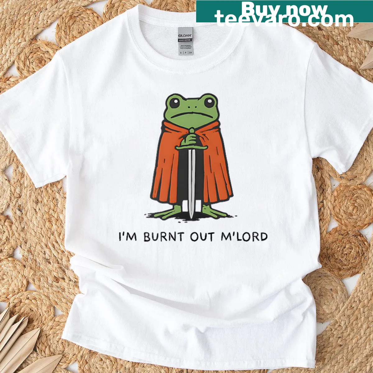 Funny knight frog meme T-shirt stating 'I'm Burnt Out Mlord' — on a men's t-shirt