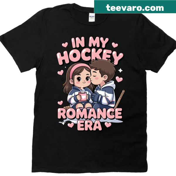 Playful T-shirt declaring 'In My Hockey Romance Era'.