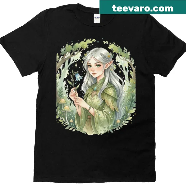 Watercolor T-shirt featuring an elf maiden in a forest setting.