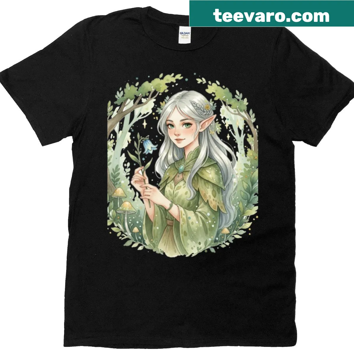 Watercolor T-shirt featuring an elf maiden in a forest setting. — on a men's t-shirt