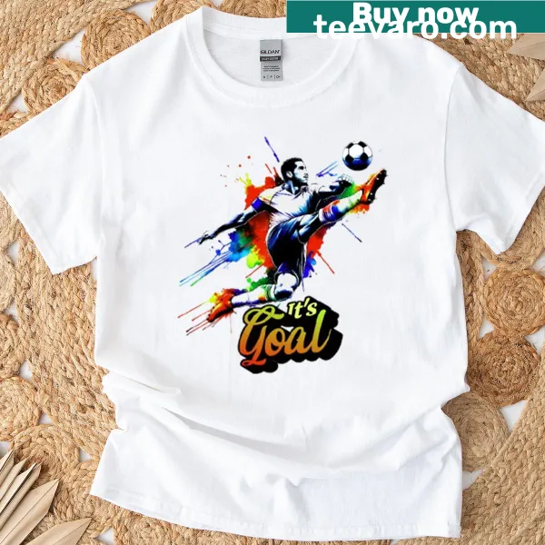 Soccer-themed t-shirt with a kick design and soccer ball graphic.