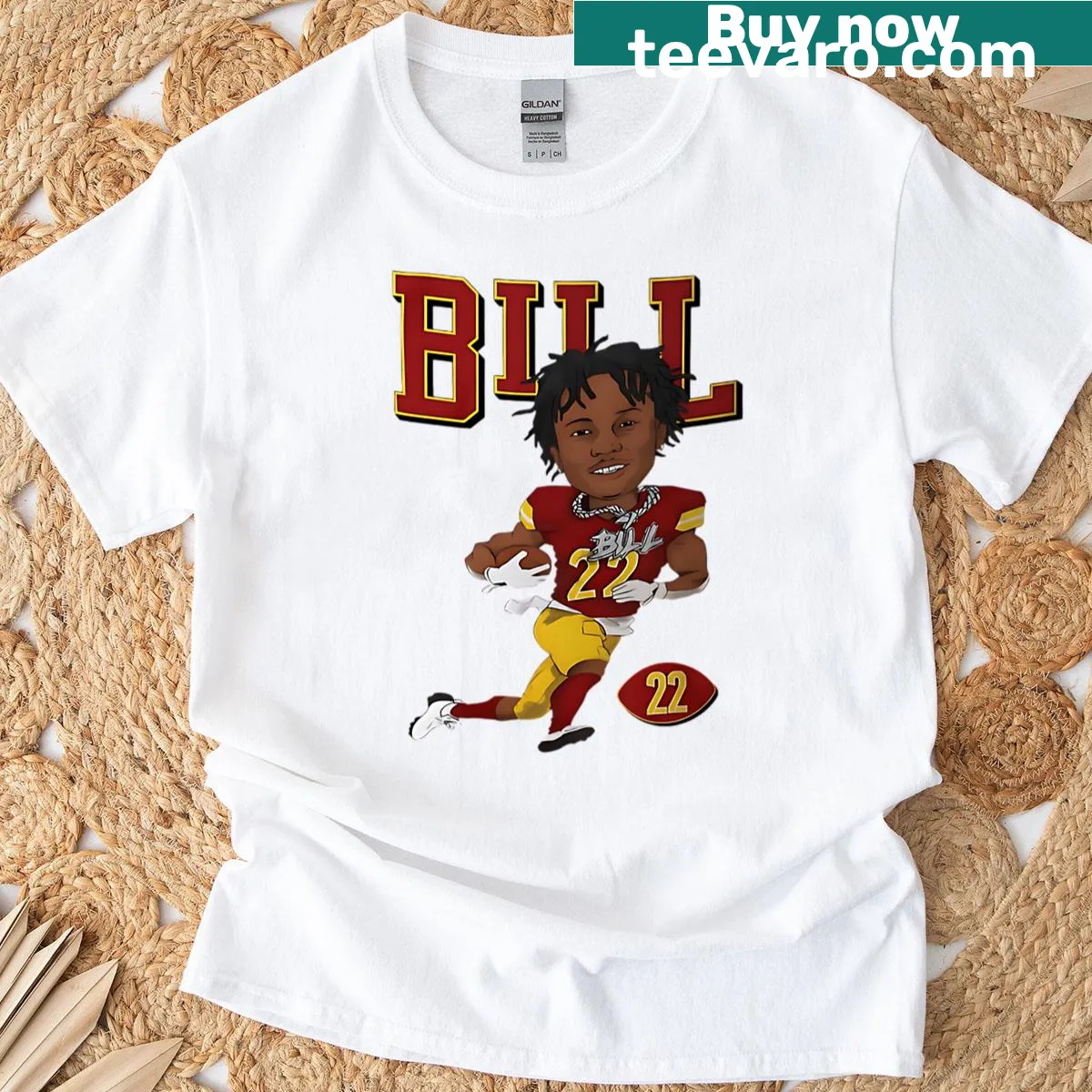 Playful caricature of Jacory Croskey-Merritt representing the Washington Commanders — on a men's t-shirt