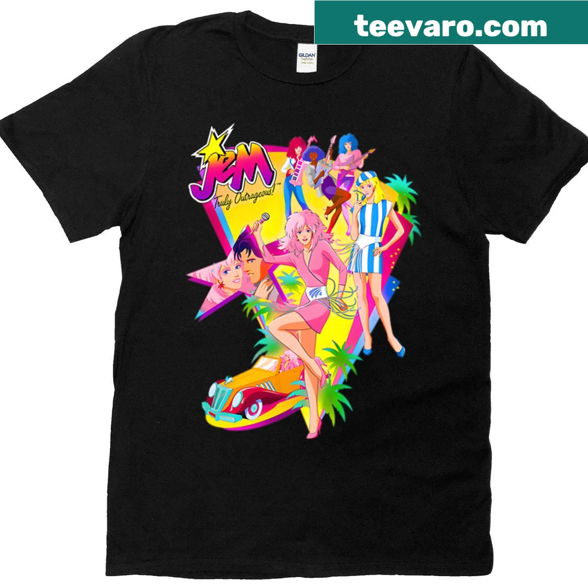 T-shirt featuring Jem and the Holograms in vibrant colors — on a men's t-shirt