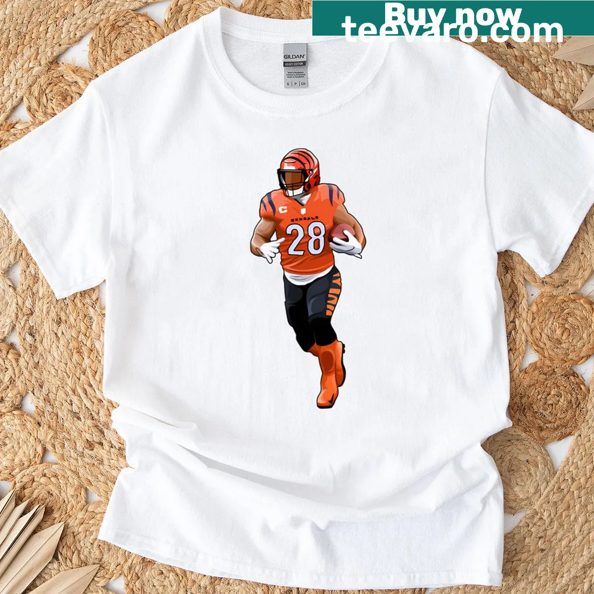 Playful graphic of Joe Mixon running the ball in a dynamic pose — on a men's t-shirt
