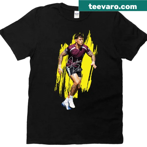 T-shirt featuring 'Jordan Riki' in a paint effect with sticker elements.