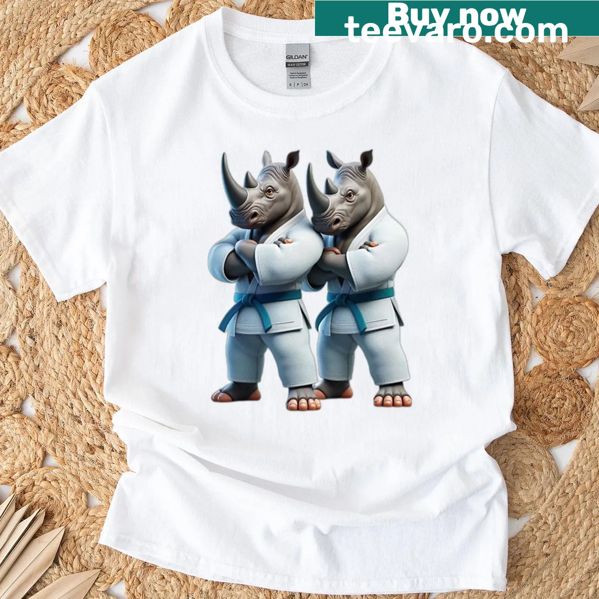 Whimsical rhino practicing judo on a t-shirt — on a men's t-shirt