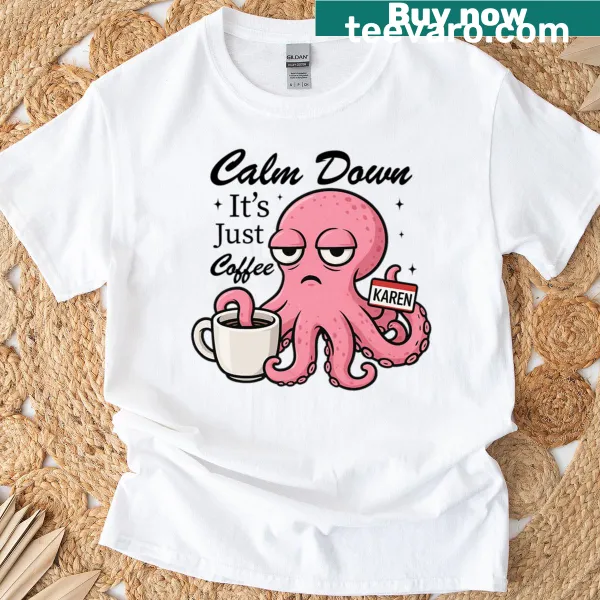 Cute T-shirt featuring Karen the octopus in a café scene
