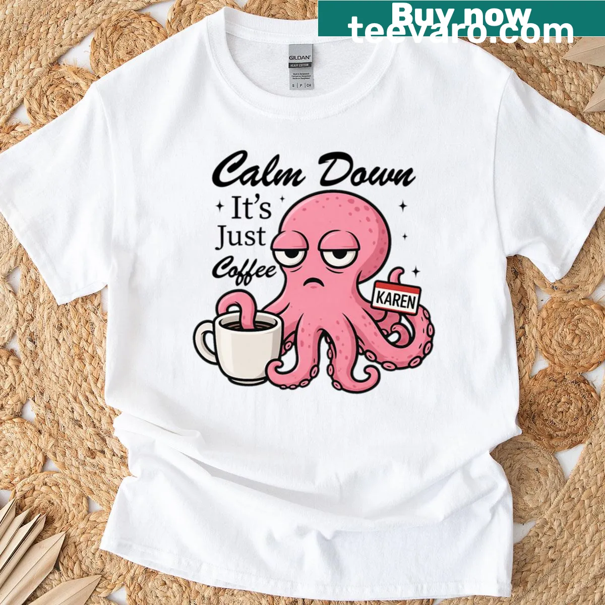 Cute T-shirt featuring Karen the octopus in a café scene — on a men's t-shirt