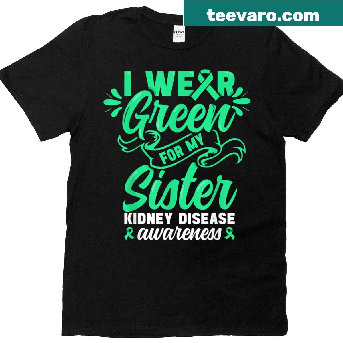 Awareness t-shirt with 'Wear Green for Sister' kidney support message — on a men's t-shirt