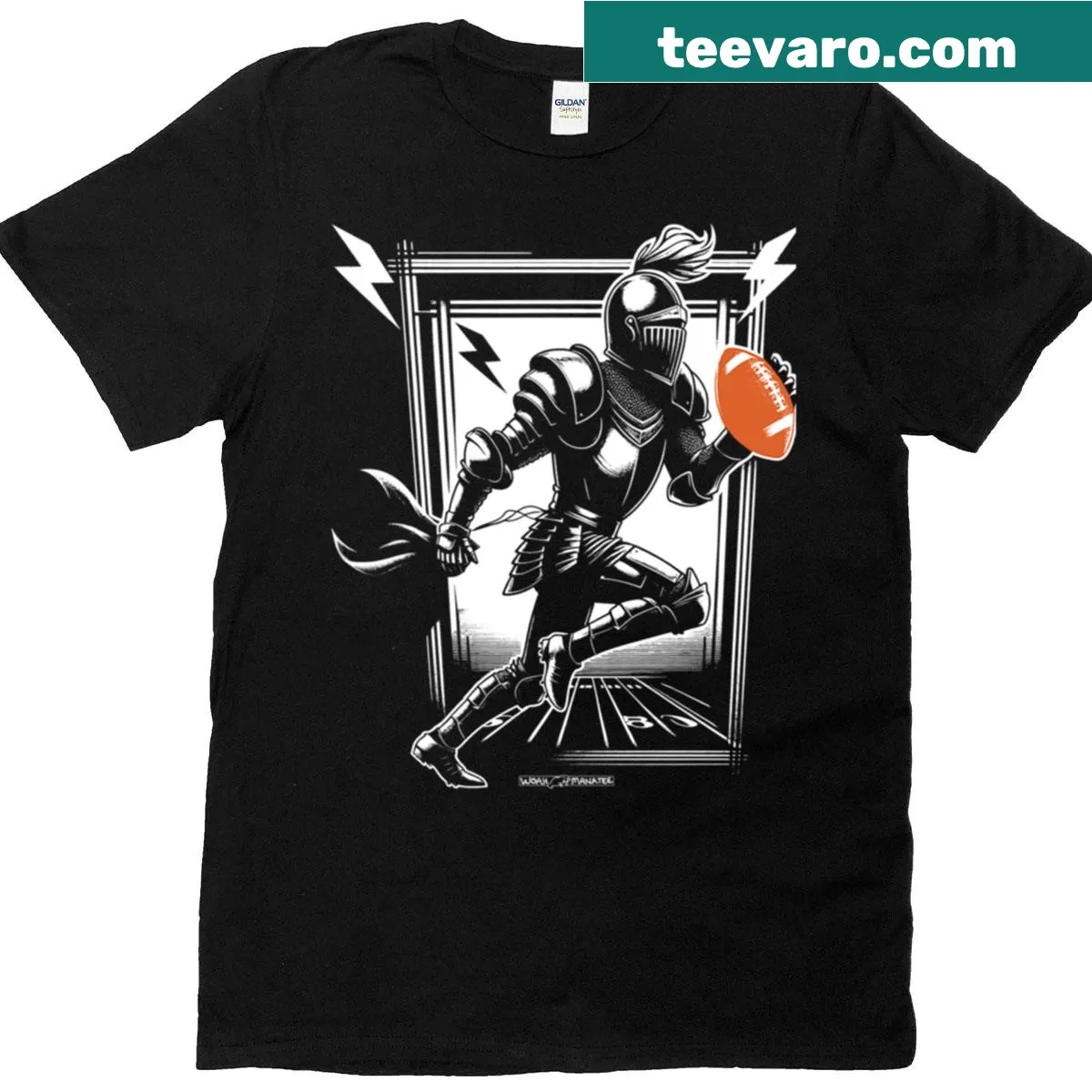 Illustration of a knight with a football on a sports-themed t-shirt — on a men's t-shirt