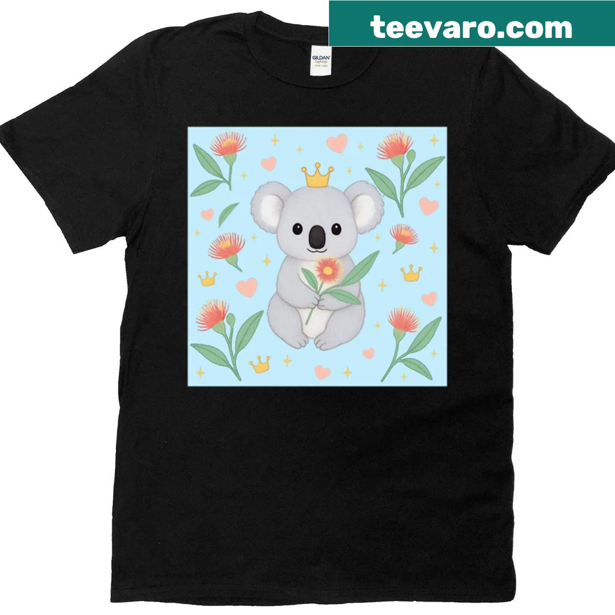 Cute koala with eucalyptus flowers on a blue background t-shirt — on a men's t-shirt